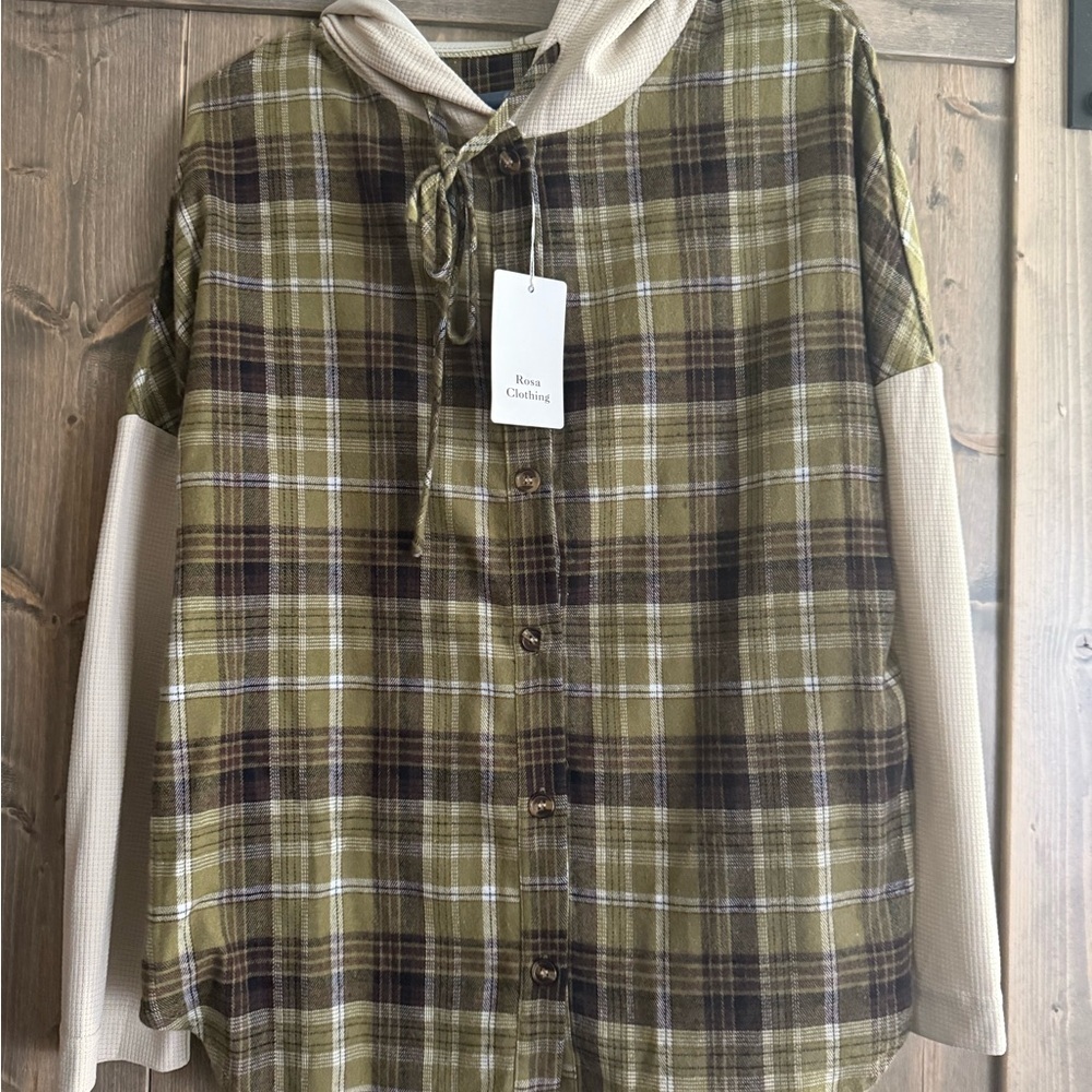 Boutique Green and Brown Plaid Hooded Shirt